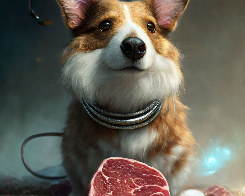 Brown and White Dog with Large Ears and Futuristic Collar Next to Raw Steak in Dramatic