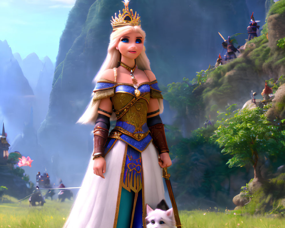 Regal animated queen in armor with crown and white cat on green cliffs.