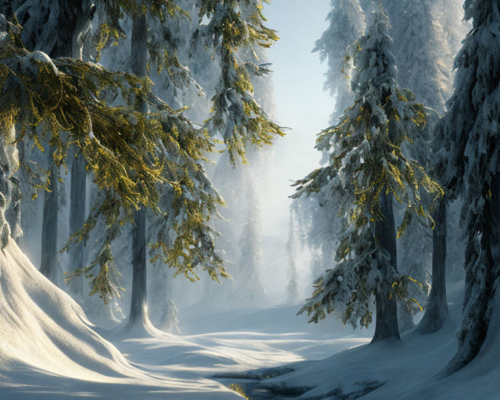 Serene forest path with snow-covered pine trees in soft sunlight