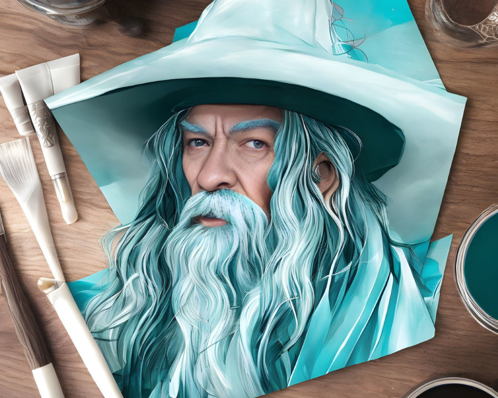 Wizard with long white beard in wide-brimmed hat surrounded by art supplies