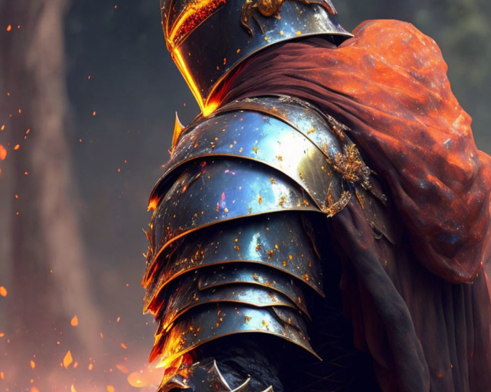 Knight in Shining Armor with Red Cloak Amidst Embers and Flames