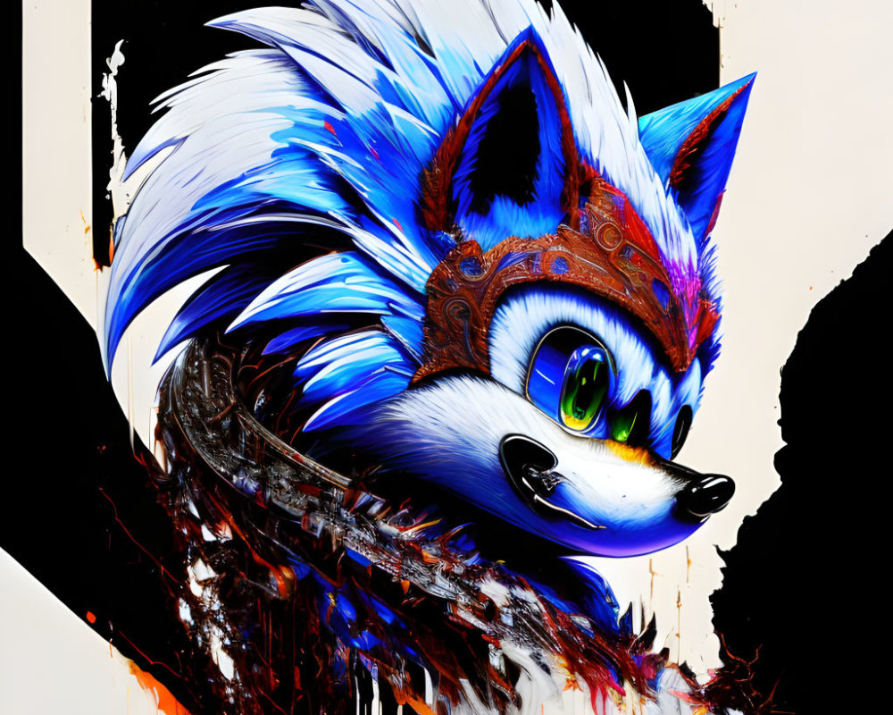 Vibrant digital artwork of determined fox with tribal headgear on abstract backdrop