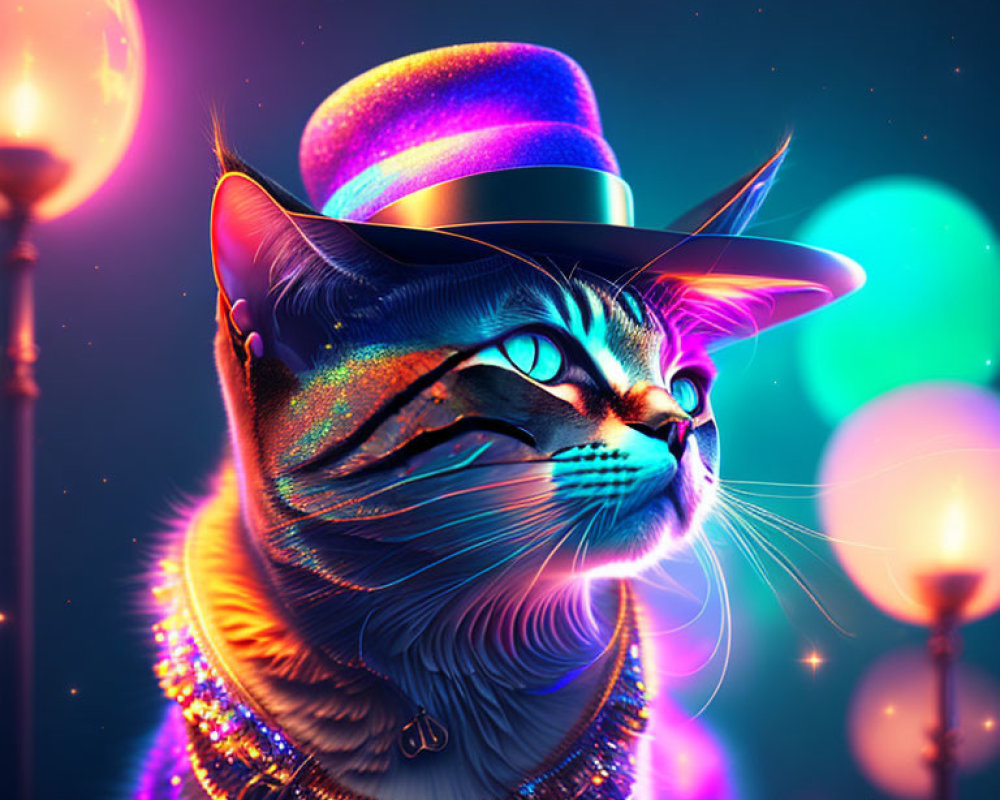 Colorful Digital Artwork: Cat in Purple Hat with Neon Lights and Cosmic Background