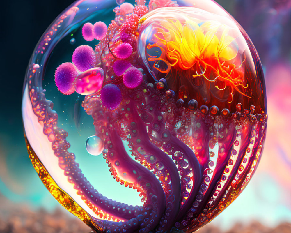 Colorful Digital Artwork of Intricate Sphere with Tentacle-like Structures and Beads on Irides