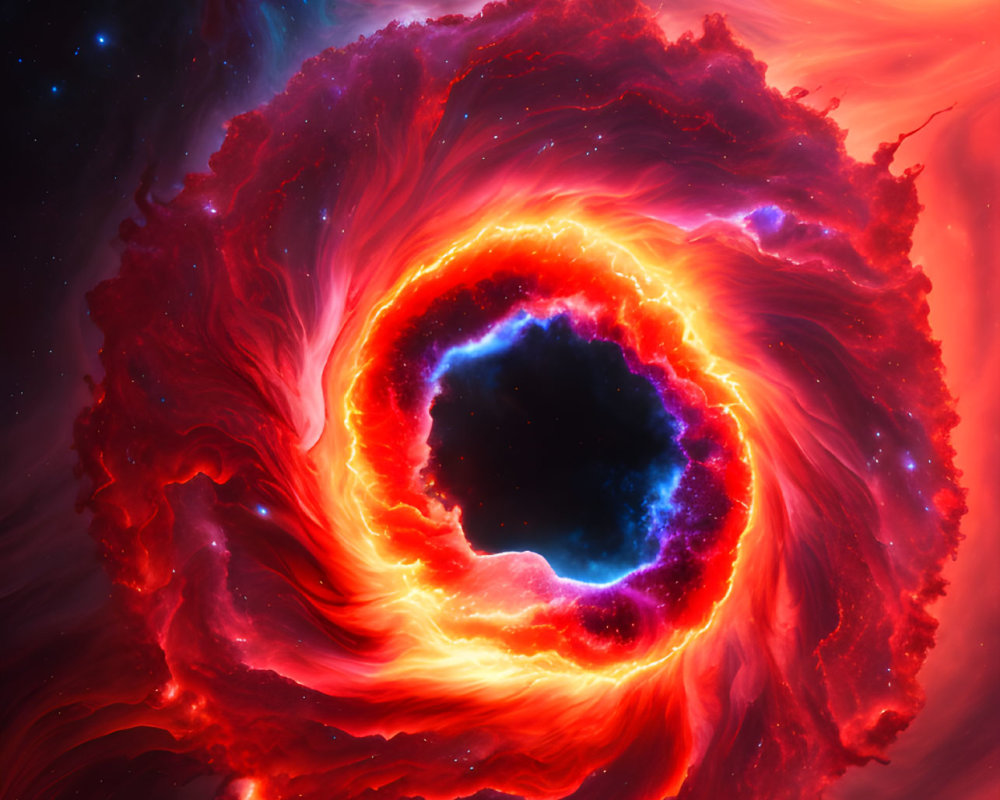 Colorful cosmic scene with swirling red and blue nebula around a glowing eye-like center