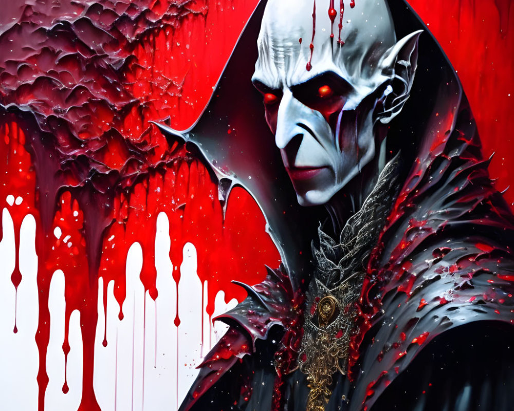 Sinister figure with pale skin and red eyes in dark cloak with blood-like drips