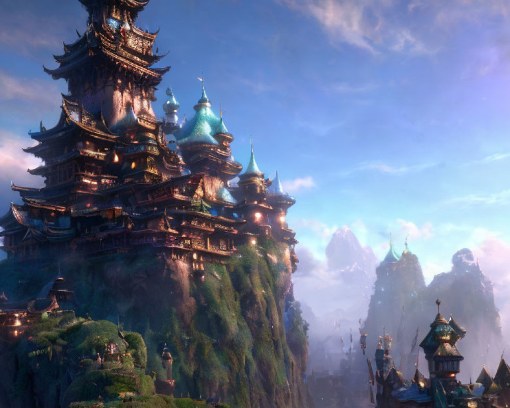 Majestic oriental pagodas in mist-covered mountains under radiant sky