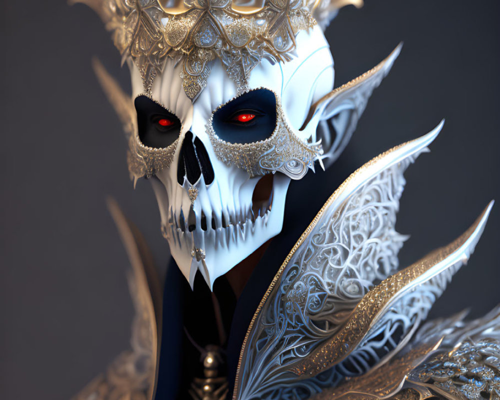 Detailed skull illustration with decorative crown and armor, silver designs, red glowing eyes