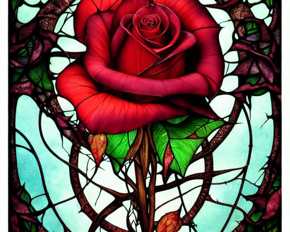 Detailed Red Rose in Stained Glass Window Design