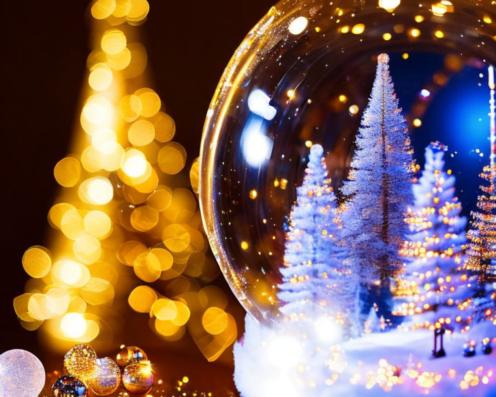 Snow Globe with Miniature Trees and Blurred Christmas Tree Background