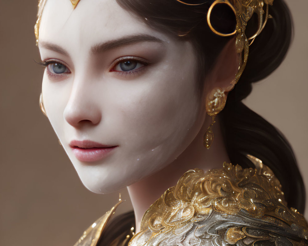 Close-up of fair-skinned woman with brown hair in golden crown and shoulder armor