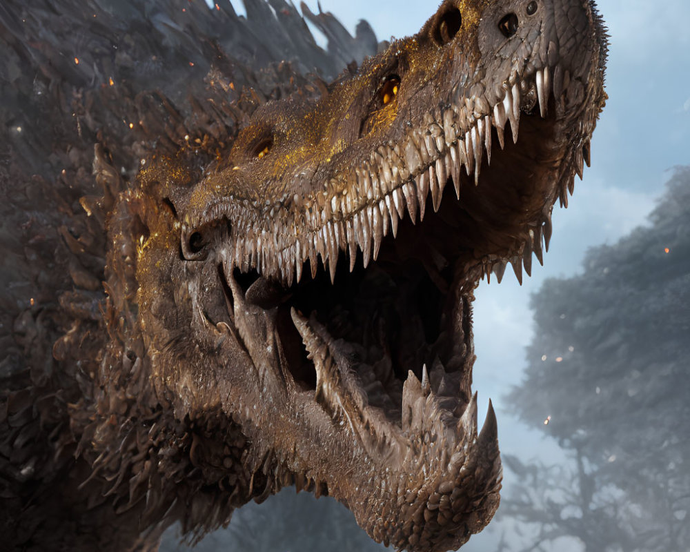 Hyper-realistic image: Two roaring dinosaurs in prehistoric forest