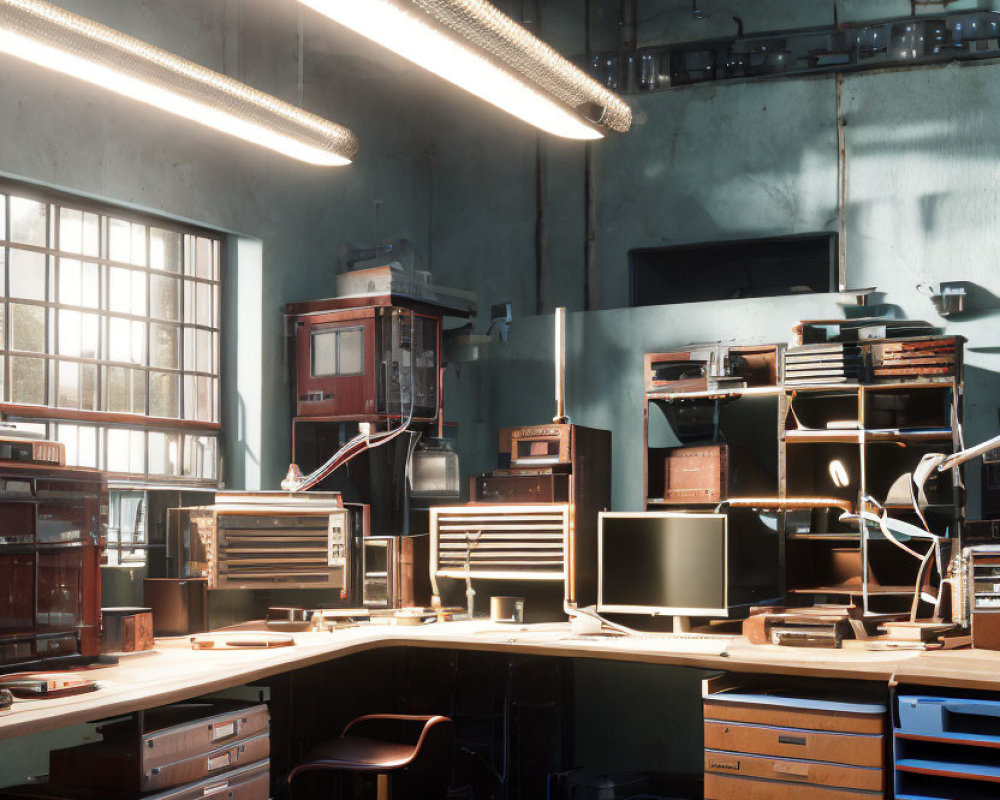 Vintage Electronics and CRT Monitors in Sunlit Office