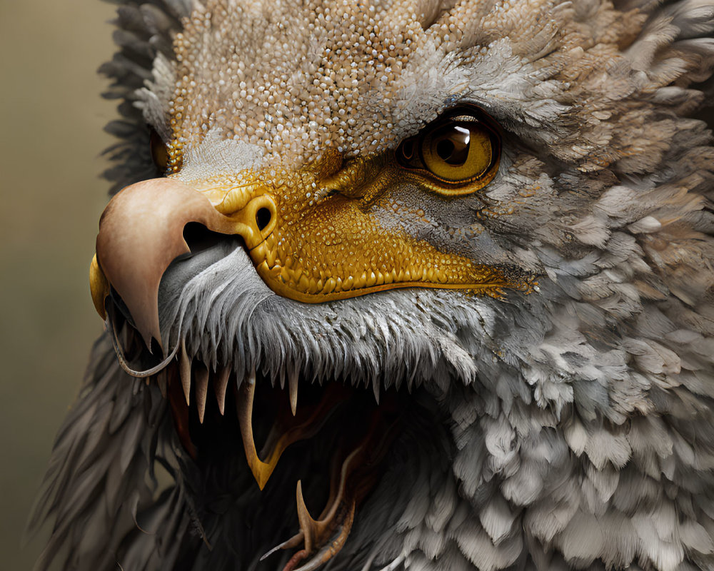 Fantastical creature with eagle beak and yellow eyes