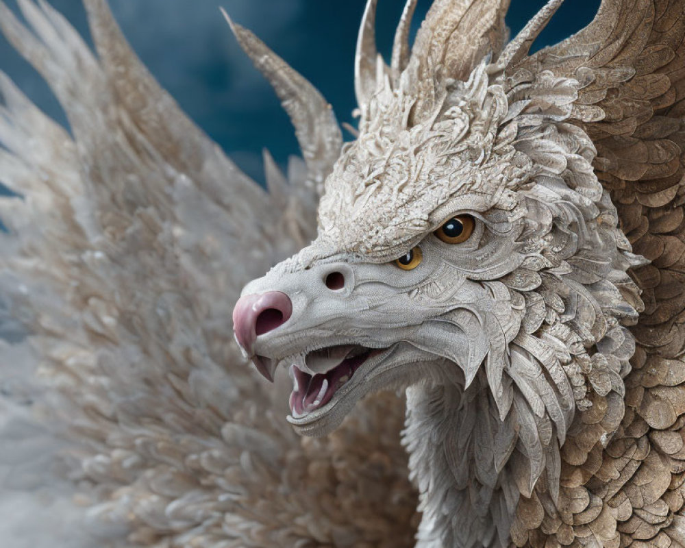 Detailed White Dragon with Yellow Eyes and Sharp Horns on Cloudy Sky