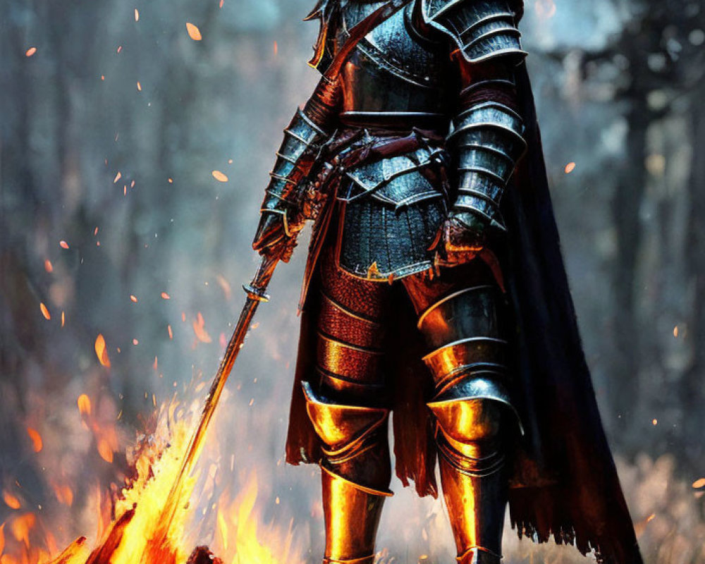 Knight with sword by campfire in forest at night