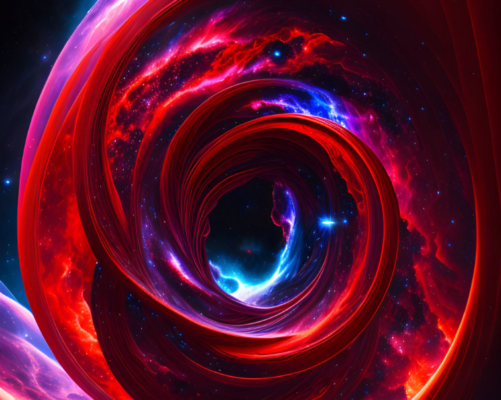 Colorful digital artwork of cosmic nebula in red, blue, and purple