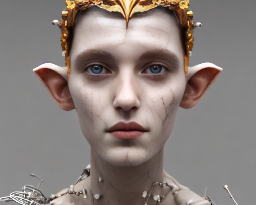 Fantasy creature portrait with pointed ears, fair skin, blue eyes, golden crown, wired jewelry