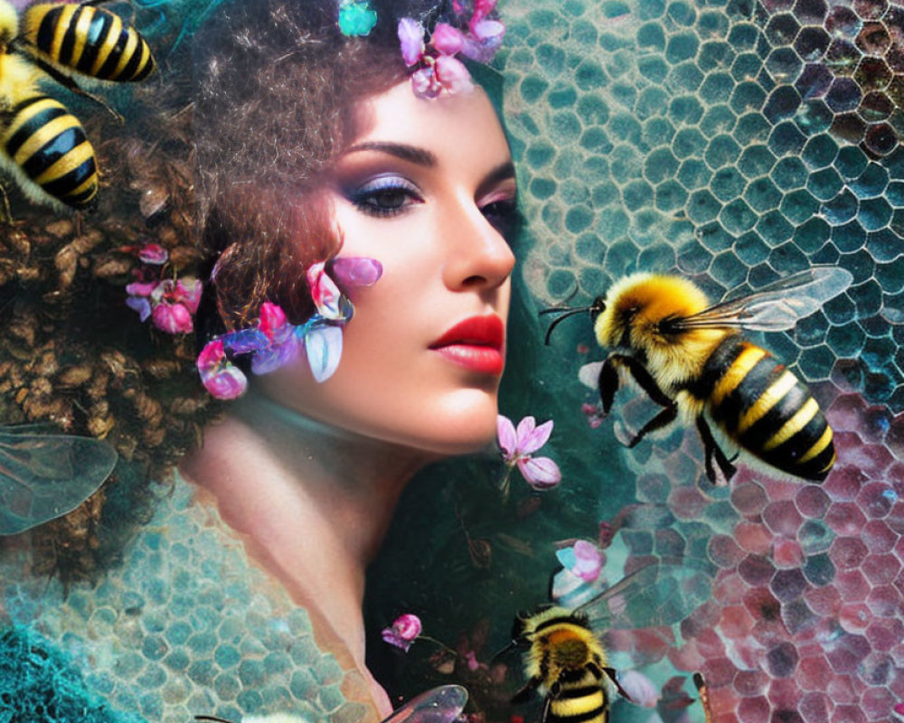 Surreal portrait of a woman with bees, flowers, and honeycomb background