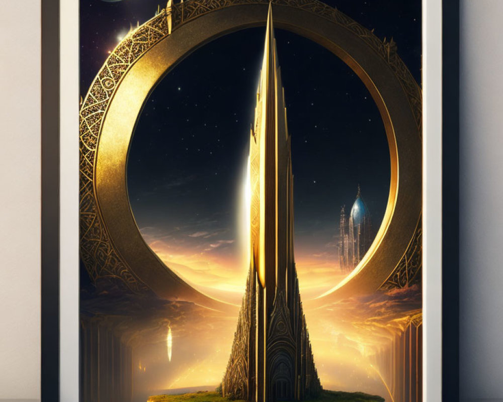 Futuristic cityscape with golden spire, celestial ring, planets, and reflective water.