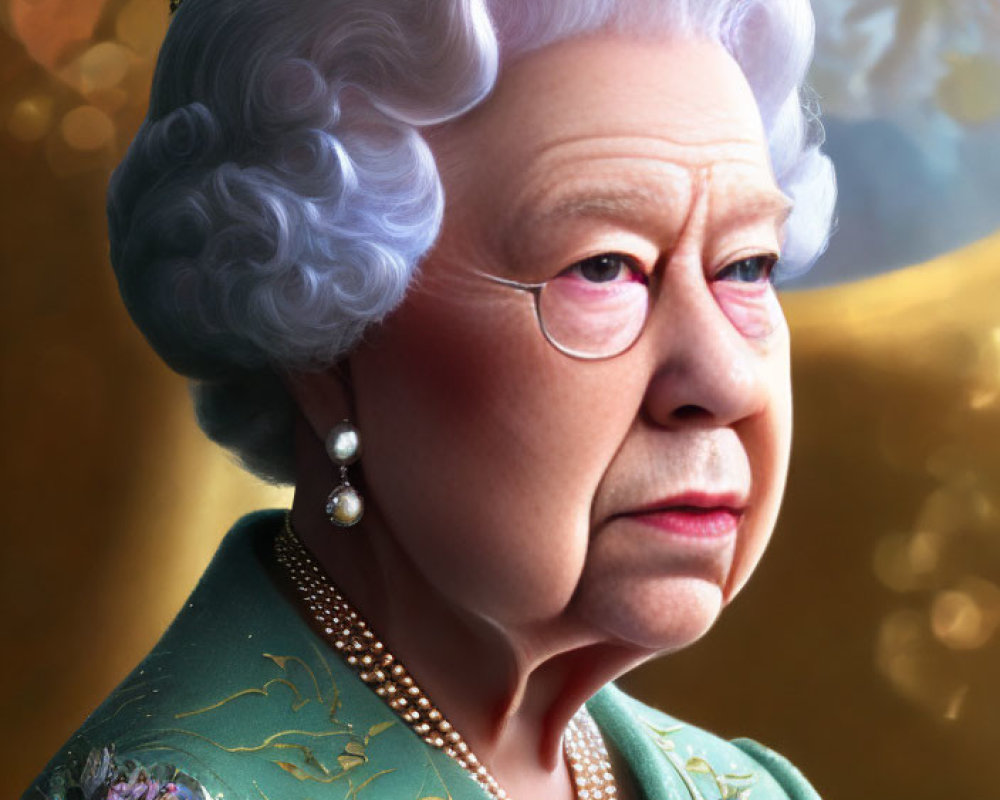 Elderly woman in pearl jewelry and crown, green dress with floral details on golden background