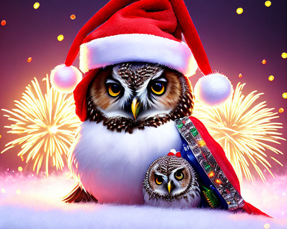 Adult and Baby Owls in Santa Hats with Colorful Christmas Lights and Fireworks