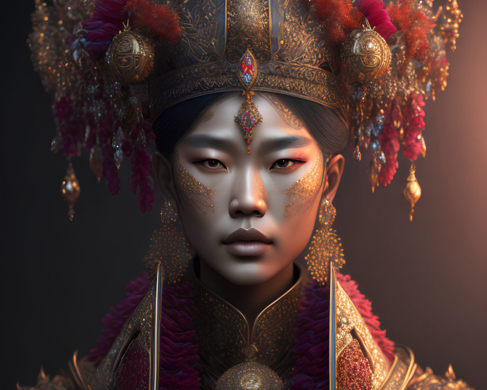 Detailed Digital Portrait of Person in Ornate Golden Headdress & Regal Red Armor