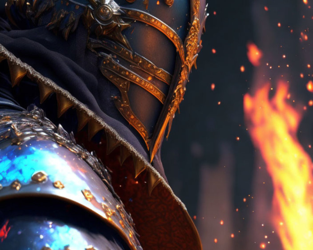 Ornate Blue and Gold Knight Armor Near Flames