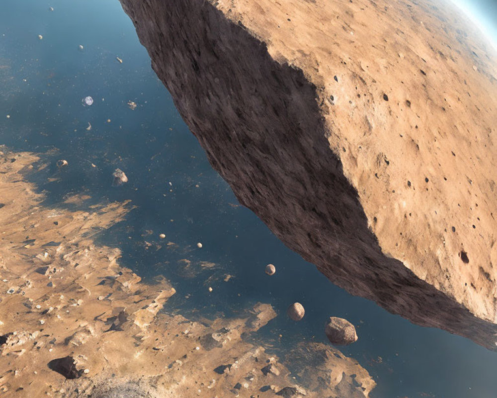 Asteroid field with rocks and debris, massive asteroid in foreground