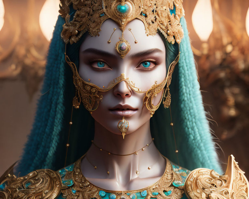 Blue-skinned figure with golden headdress and jewelry exudes power