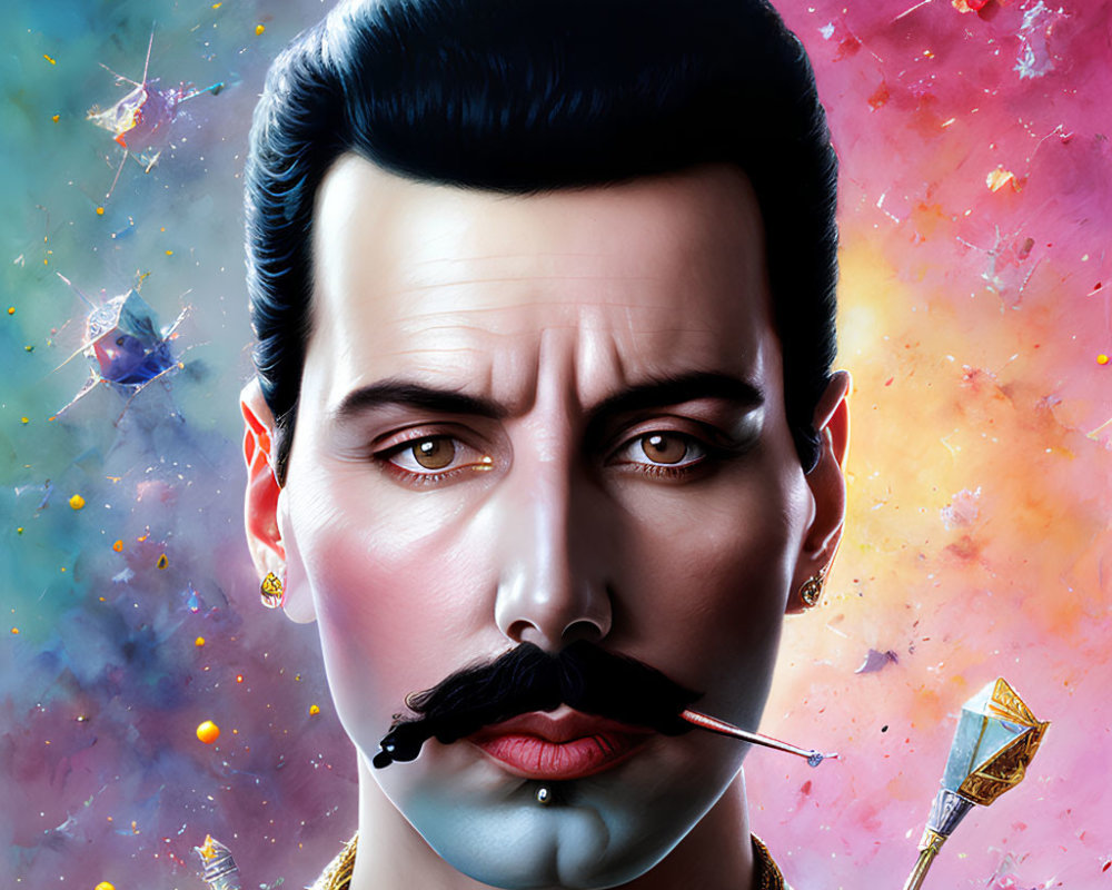 Stylized man portrait with mustache and cosmic background