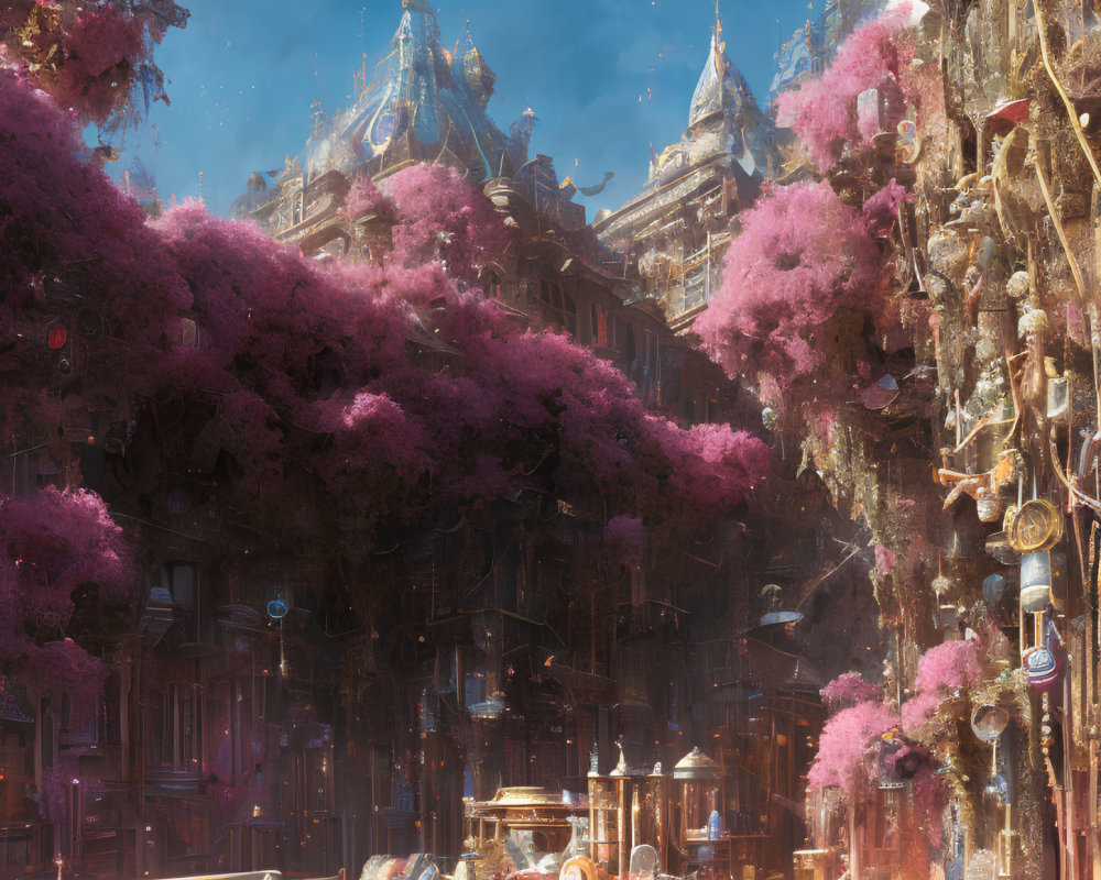 Fantastical cityscape with cherry blossoms, ornate buildings, spires, and glowing lights