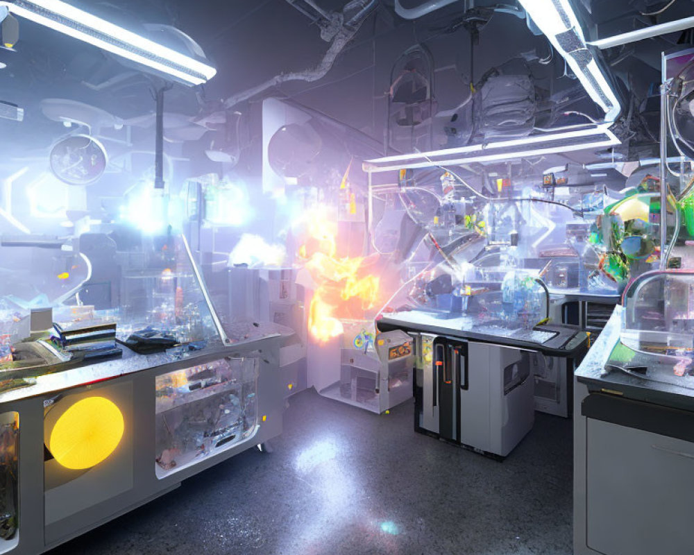 Futuristic laboratory with holographic displays and fiery explosion surrounded by high-tech equipment