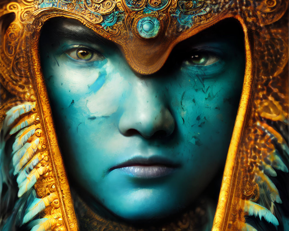 Close-up portrait of person with blue face paint and ornate golden headdress