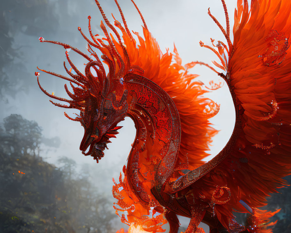 Fiery red-orange dragon with glowing wings in misty woods