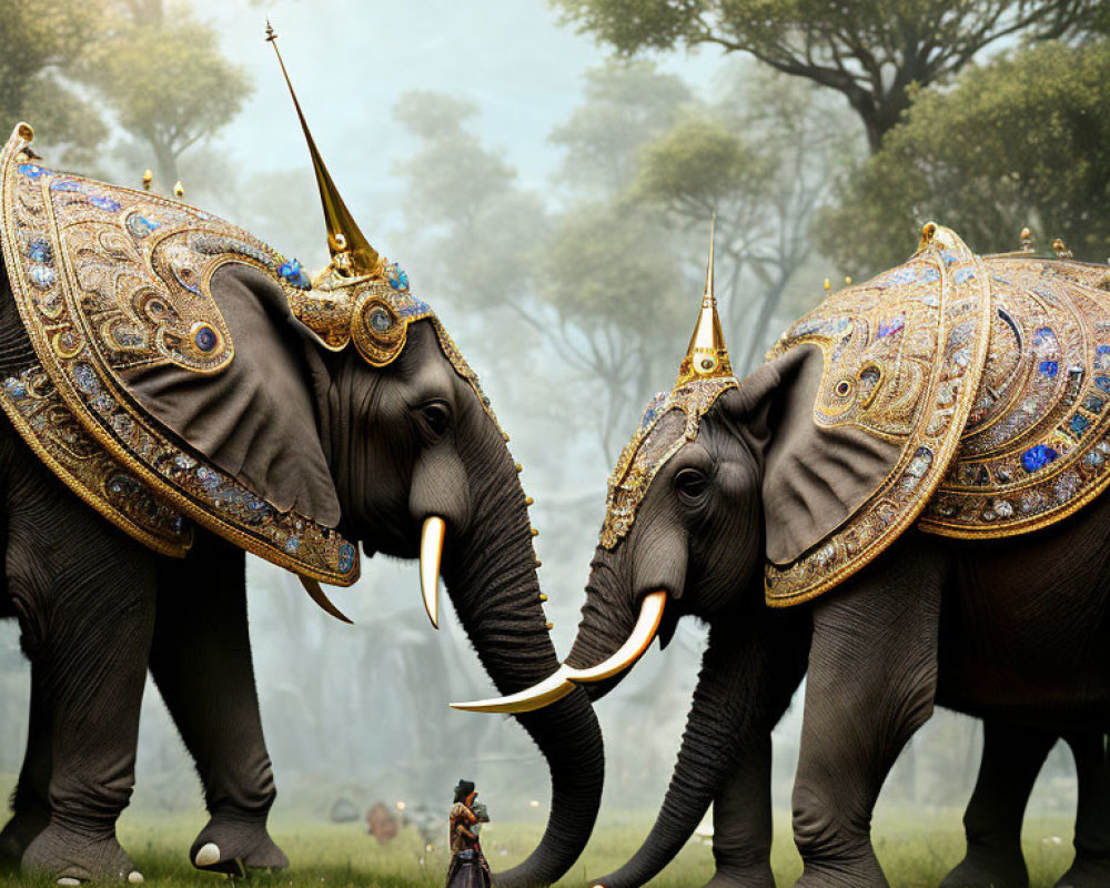 Elaborately adorned elephants with golden headdresses and tusks intertwined in mystical forest setting.