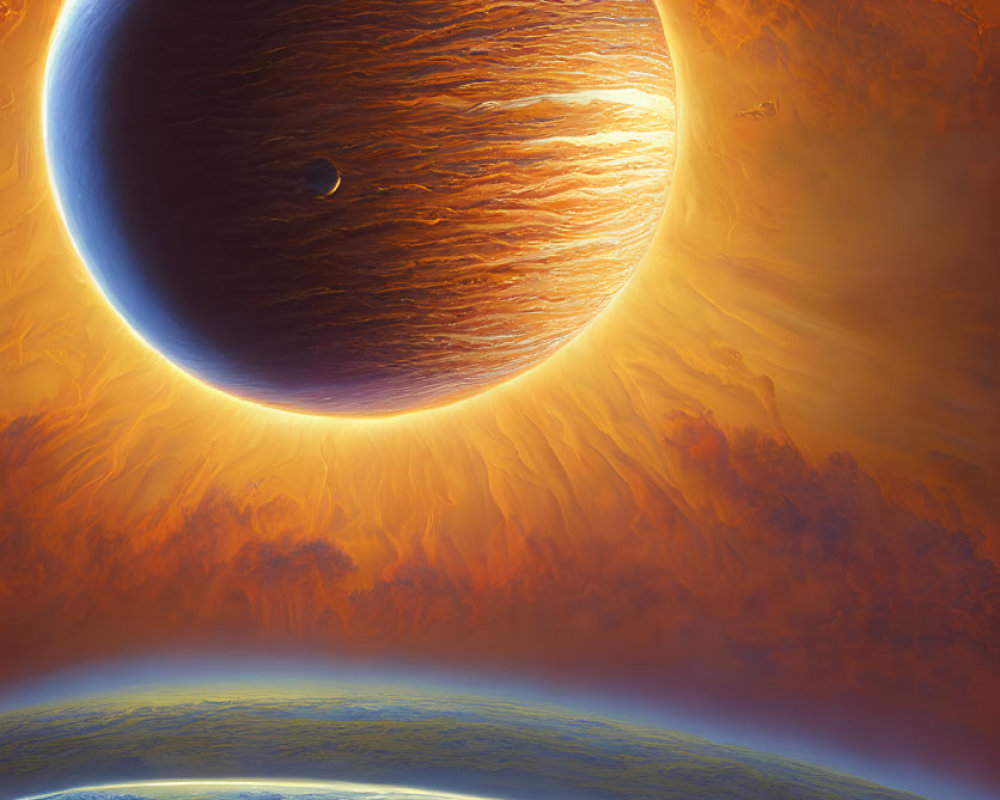 Digital artwork of fiery eclipse over darkened planet on cool blue surface