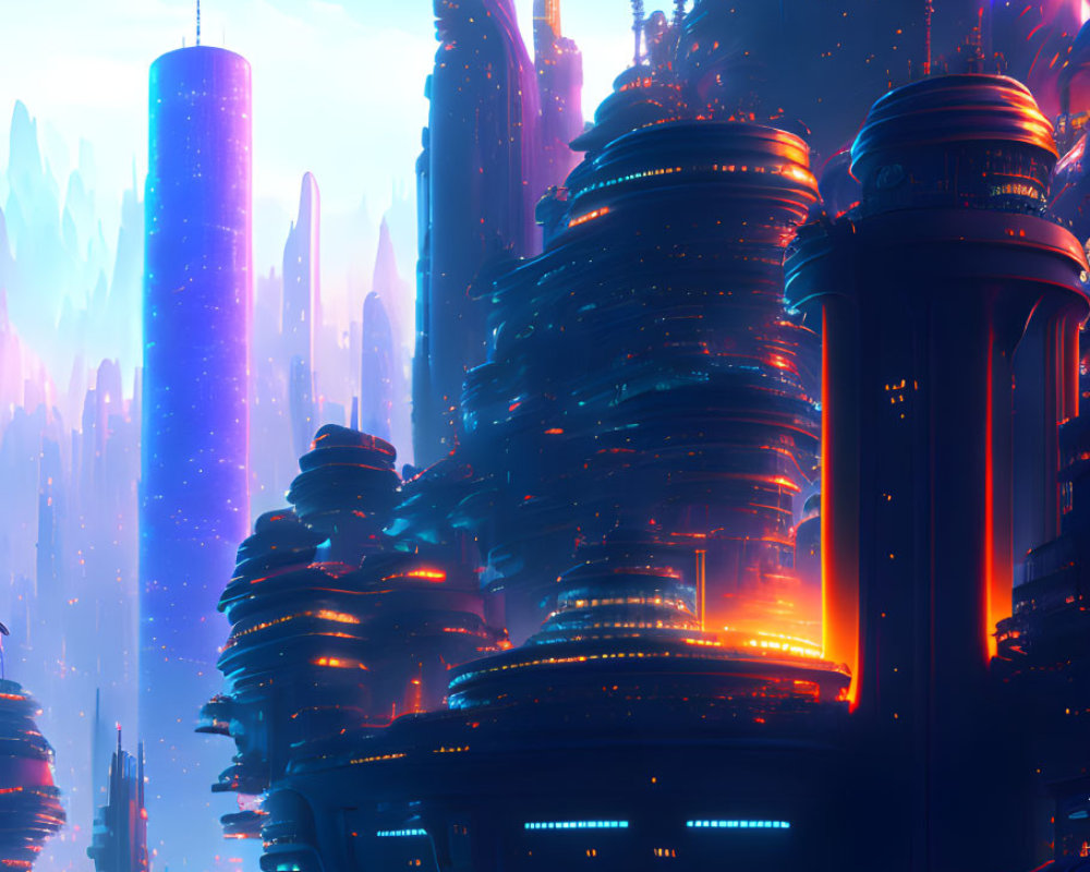 Futuristic sci-fi cityscape with glowing skyscrapers at dusk