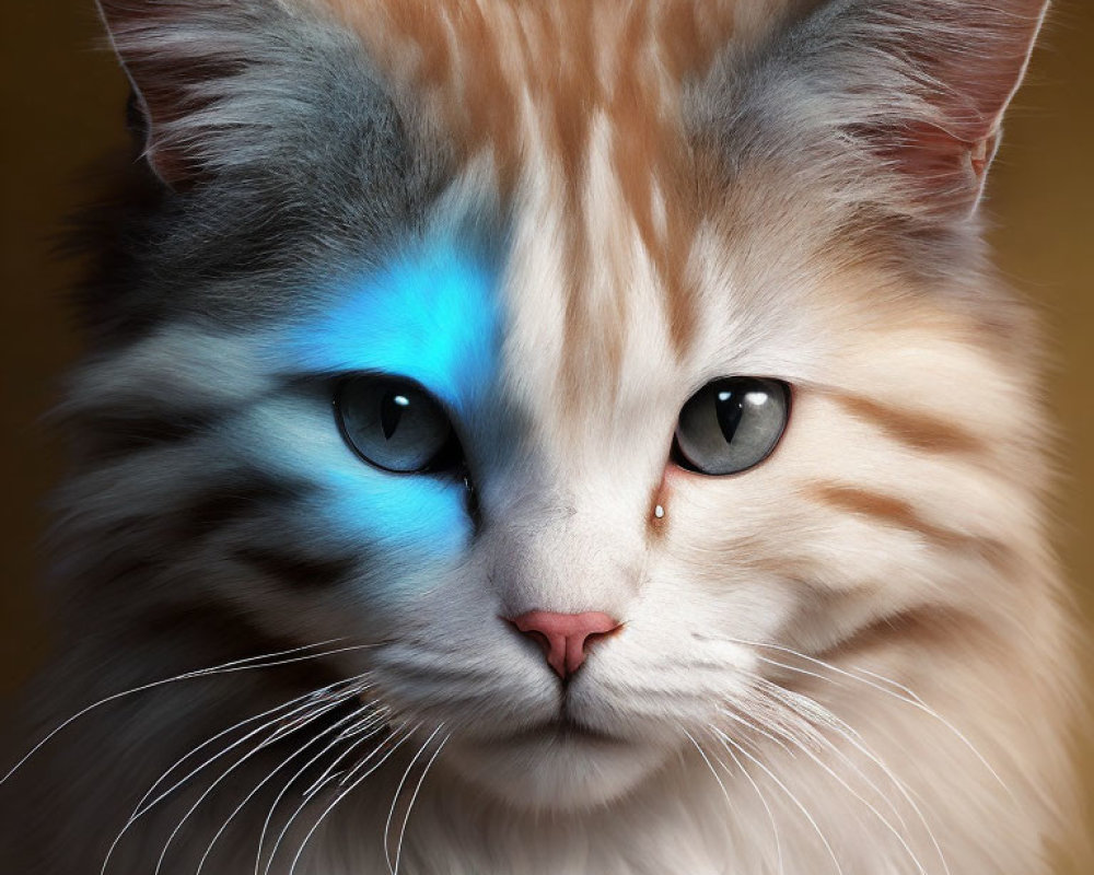 Fluffy white and tan cat portrait with blue lighting patterns