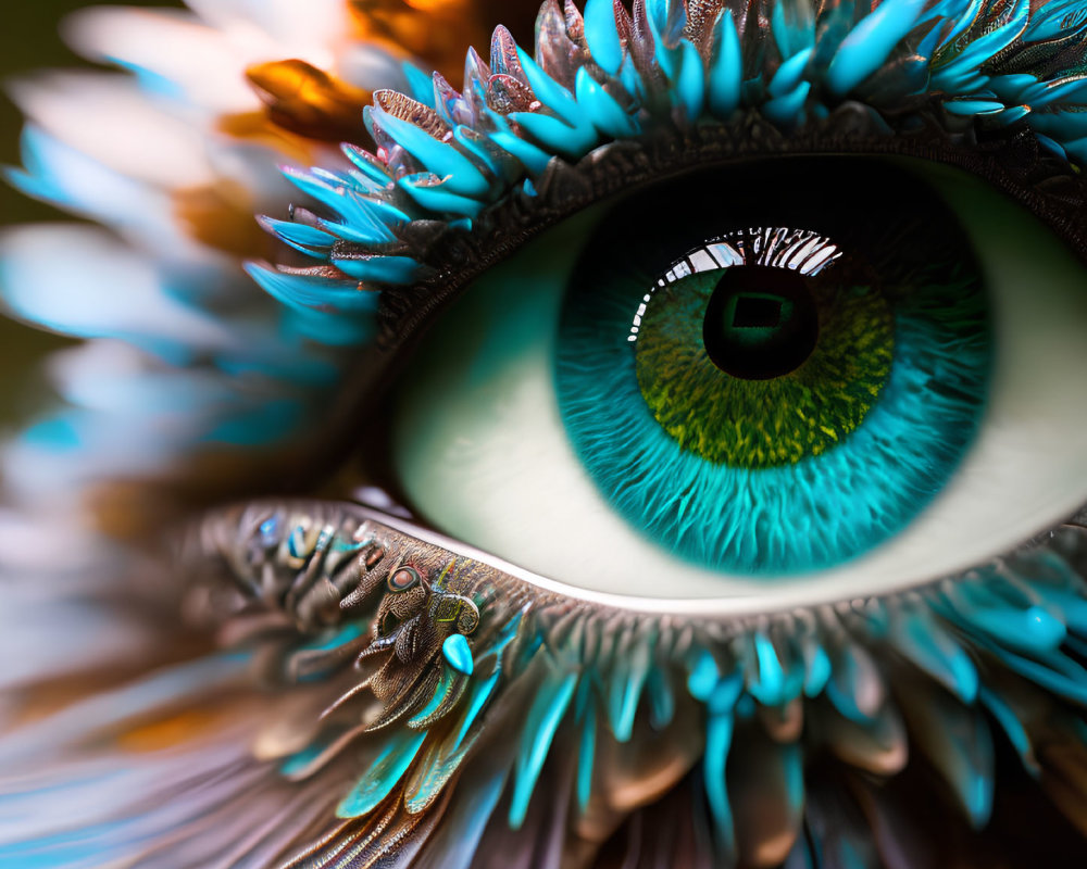 Close-Up Image of Vibrant Green Iris with Feather-Like Eyelash Extensions