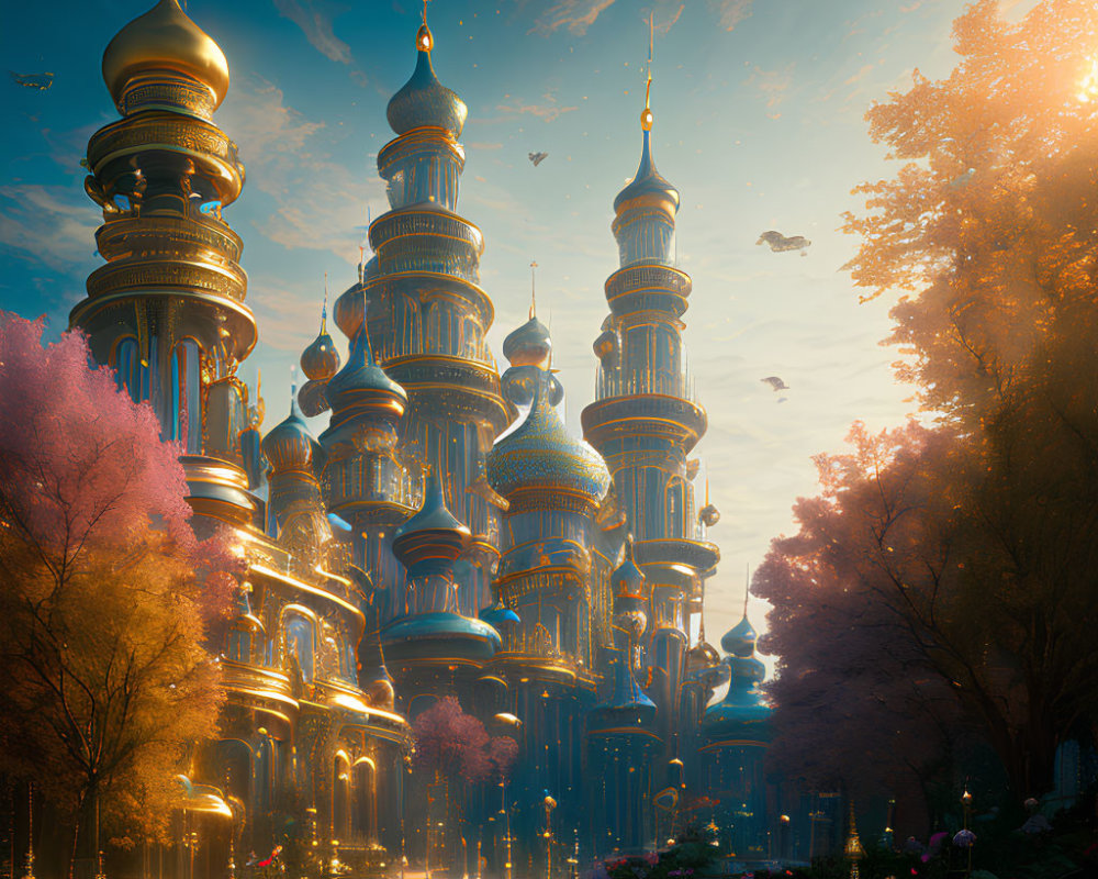 Fantastical cityscape with ornate spires and pink foliage trees.