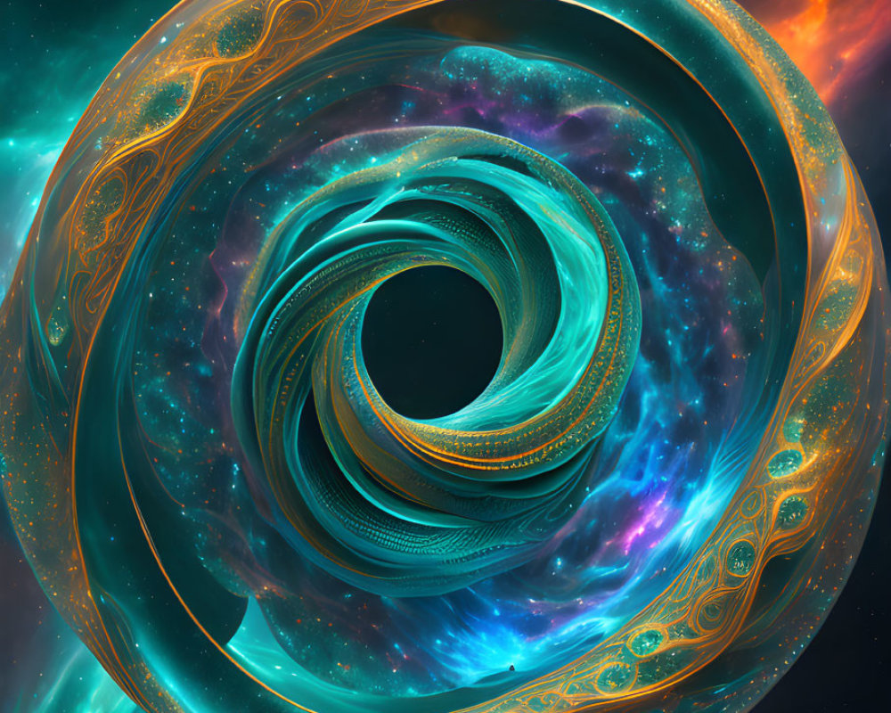 Colorful digital artwork: Swirling fractal patterns in blue, gold, and orange on cosmic backdrop