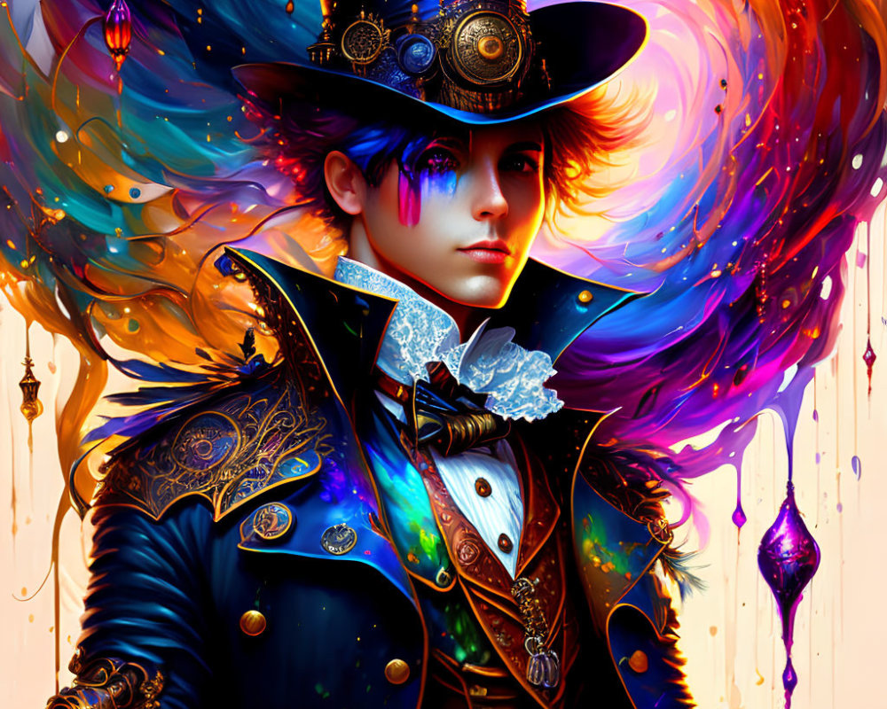 Colorful person with swirling hair in steampunk attire: top hat with gears and detailed coat