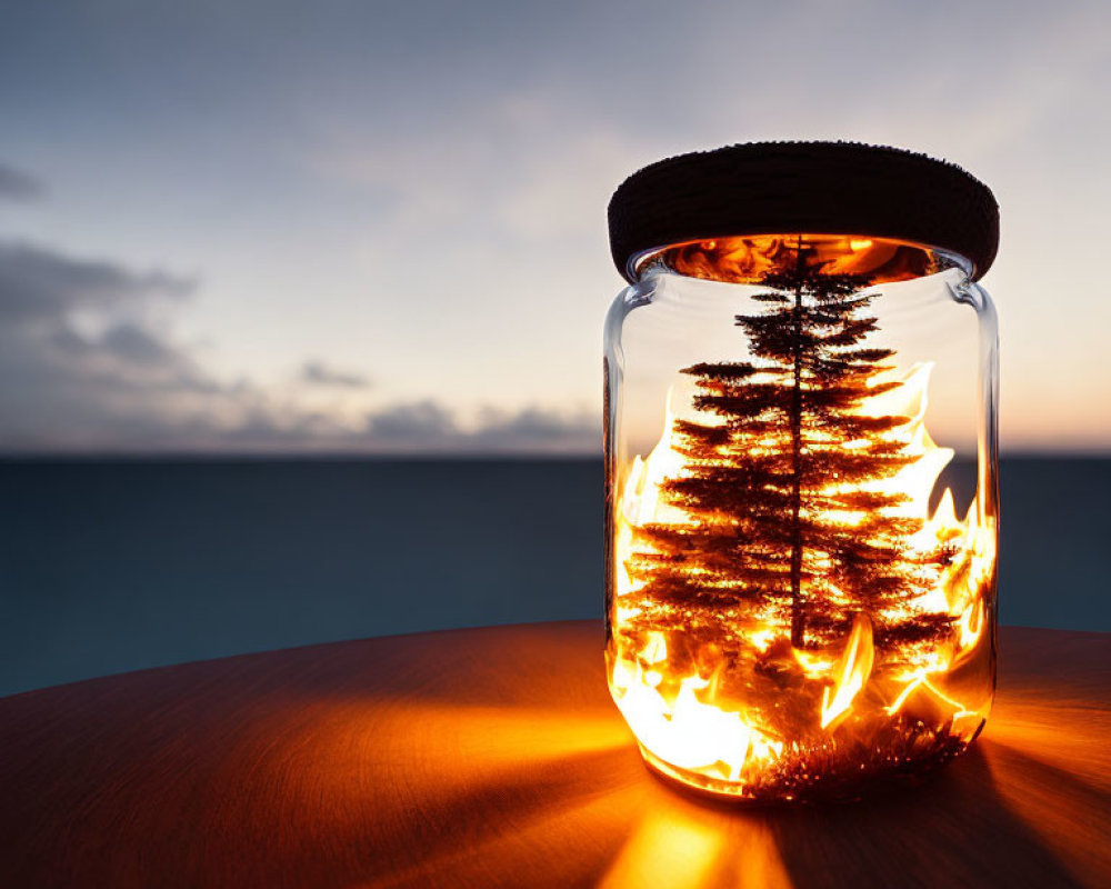 Miniature Pine Tree in Glowing Glass Jar on Wooden Surface