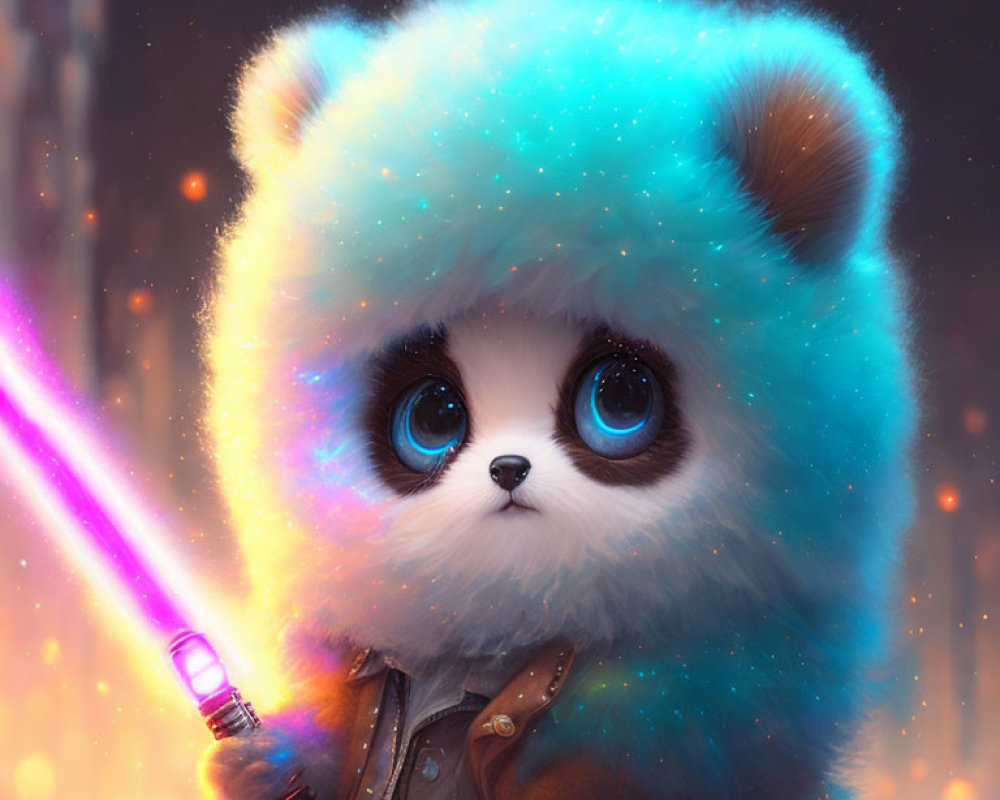 Blue-furred panda-like creature with pink lightsaber