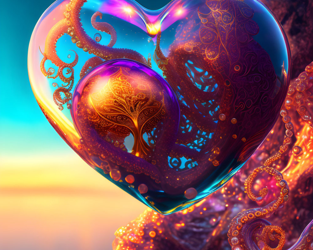 Colorful 3D digital heart with fractal patterns on sunset sky.