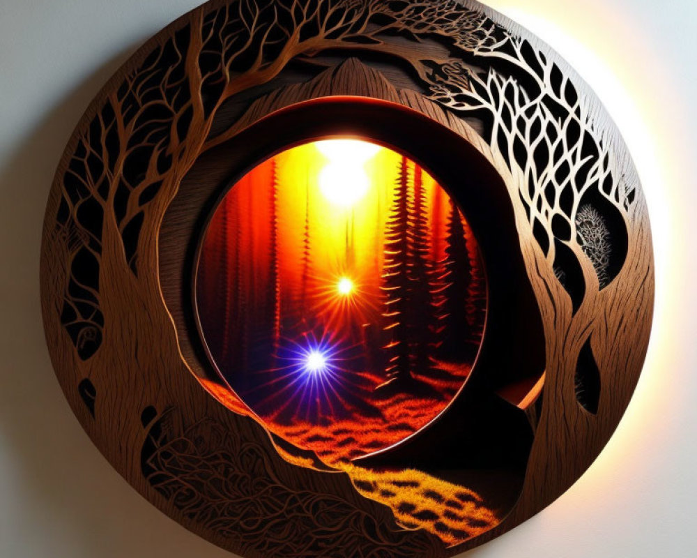 Circular Wooden Wall Art with Carved Tree Silhouette on Sunset-Orange Background