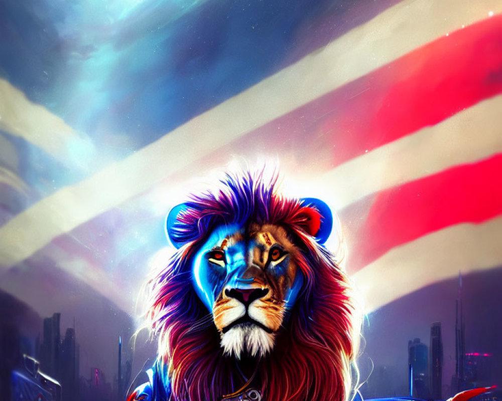 Majestic lion with neon blue streaks in futuristic cityscape