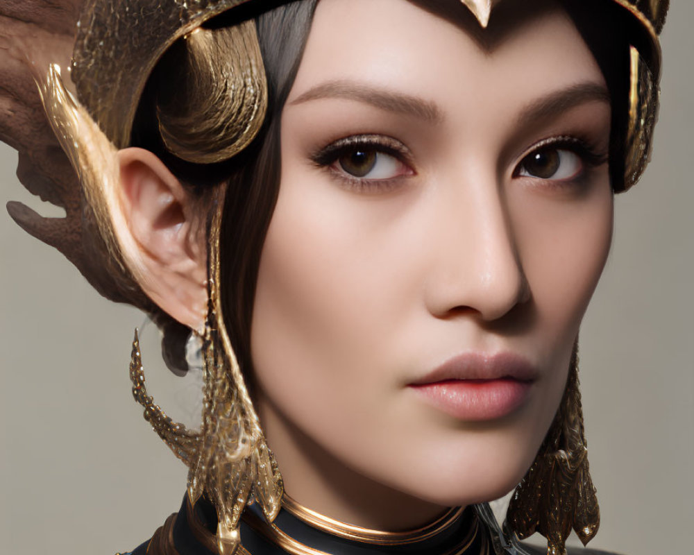 Golden helmet woman with intricate armor and fantasy-style ears.