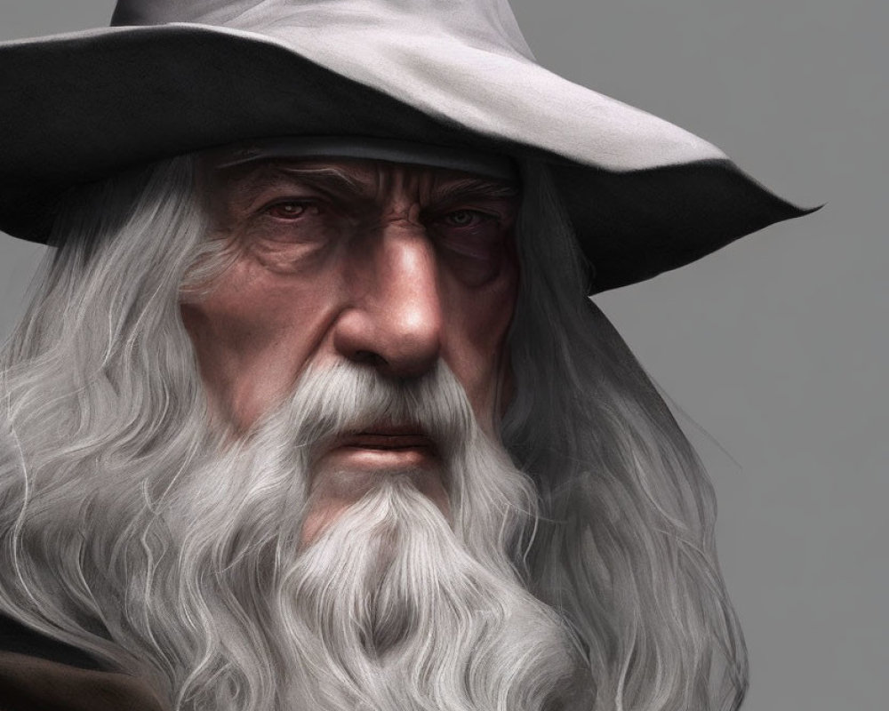 Detailed Digital Portrait of Elderly Man with Long White Beard and Wide-Brimmed Hat